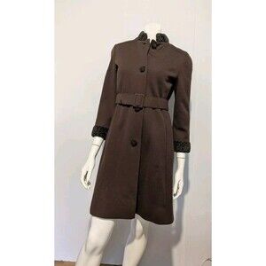 Vintage 60s S Brown Faux Lamb Trim Belted Wool Coat Townley Jeri *Flaws* Pockets